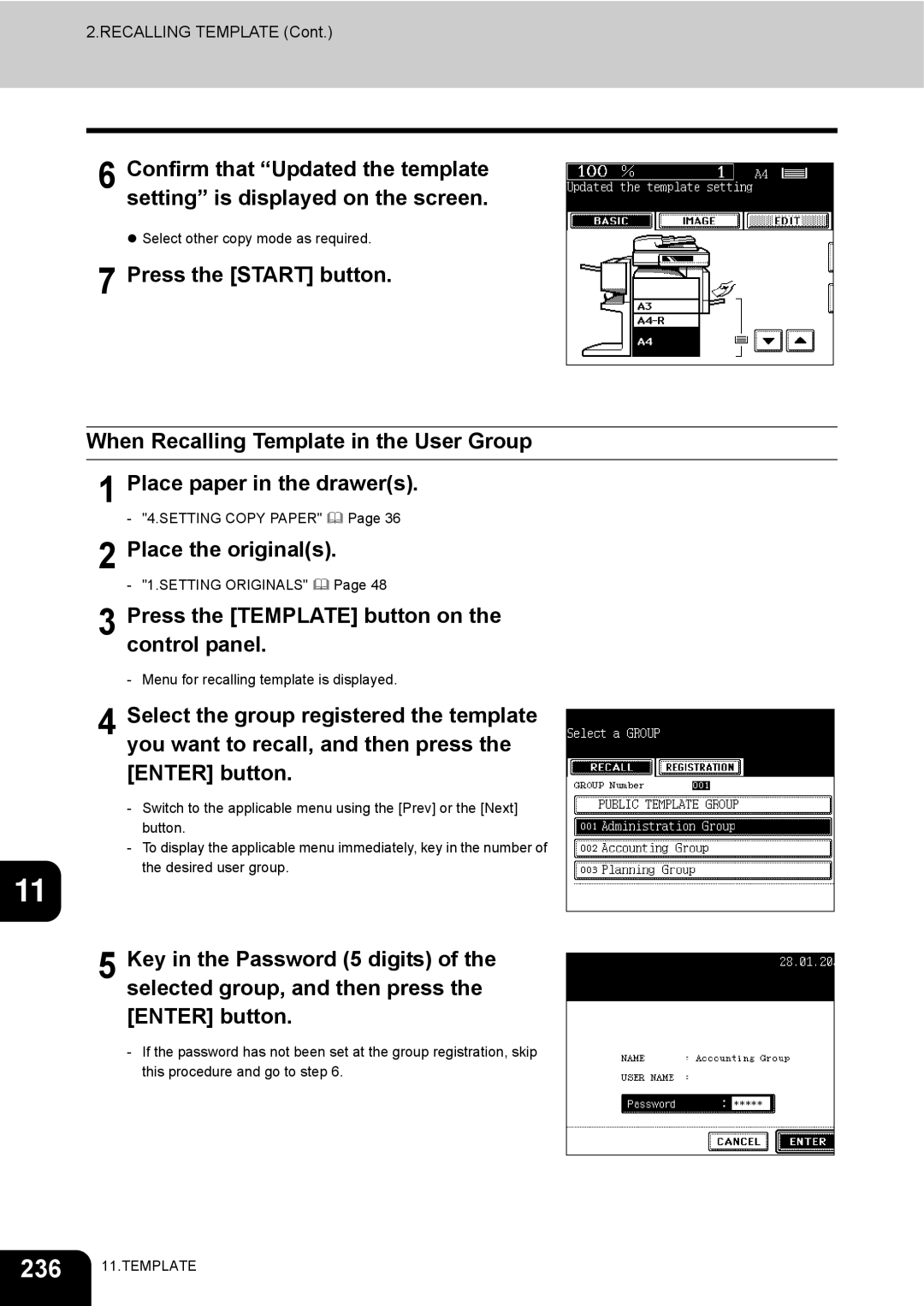 Toshiba e-STUDIO230/280 manual Recalling Template 