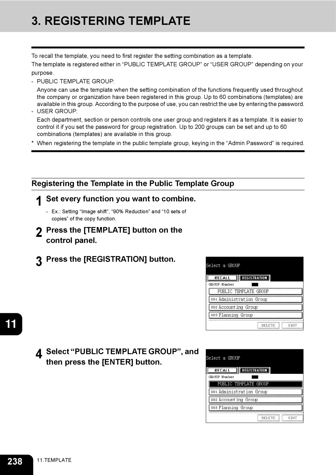 Toshiba e-STUDIO230/280 manual Registering Template, Public Template Group, User Group 