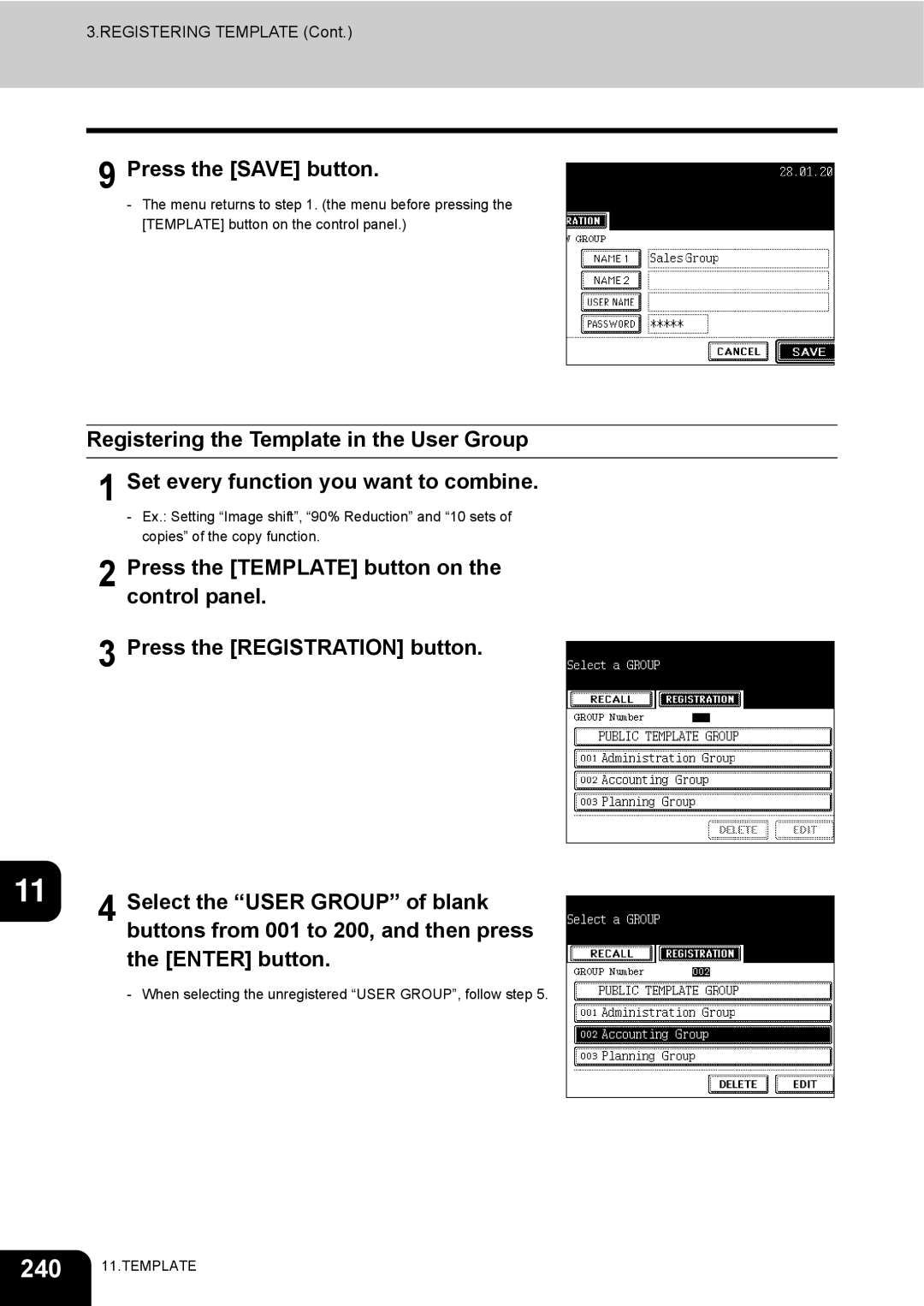 Toshiba e-STUDIO230/280 manual Press the Save button, Registering the Template in the User Group 