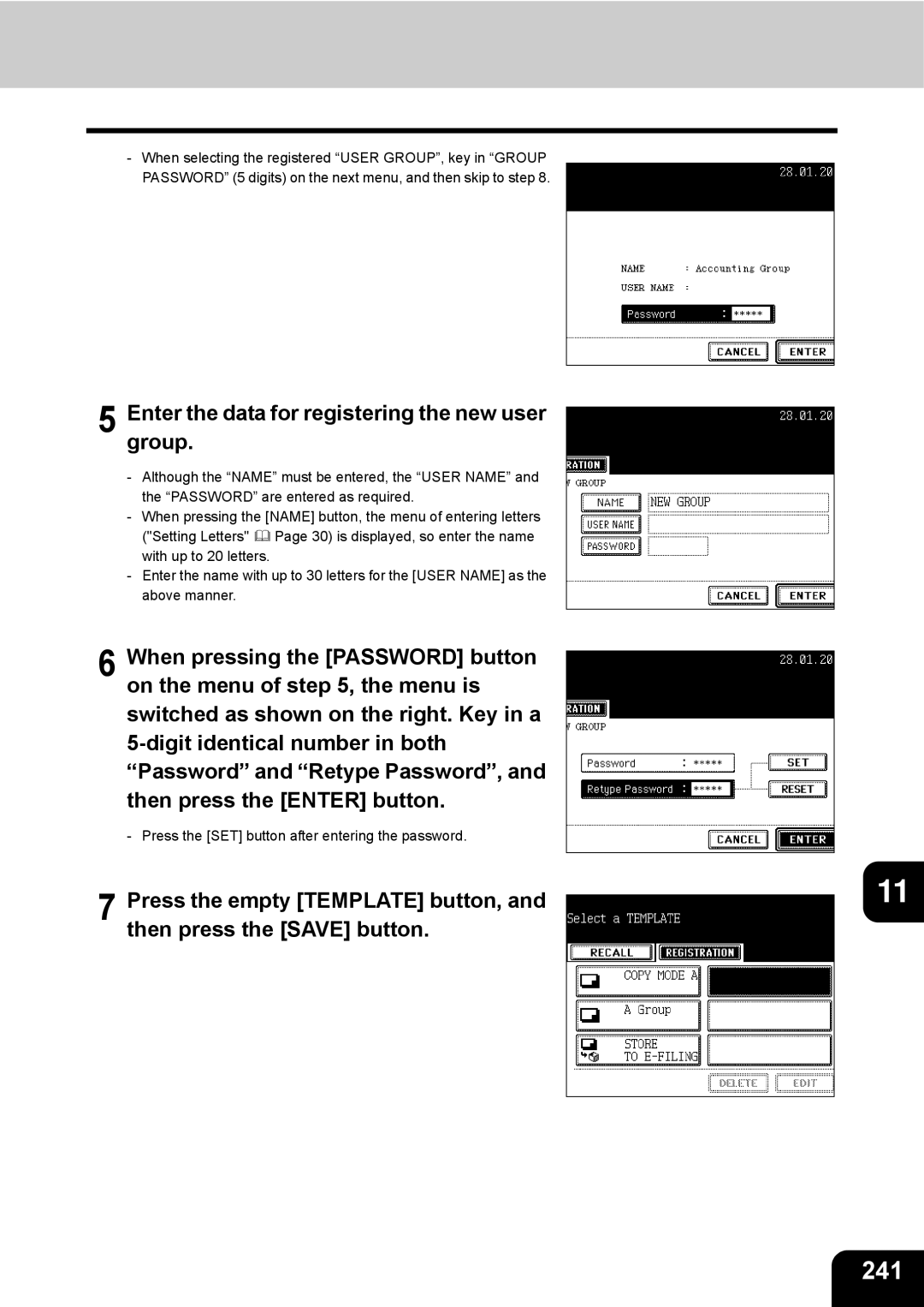 Toshiba e-STUDIO230/280 manual 241, Enter the data for registering the new user group 