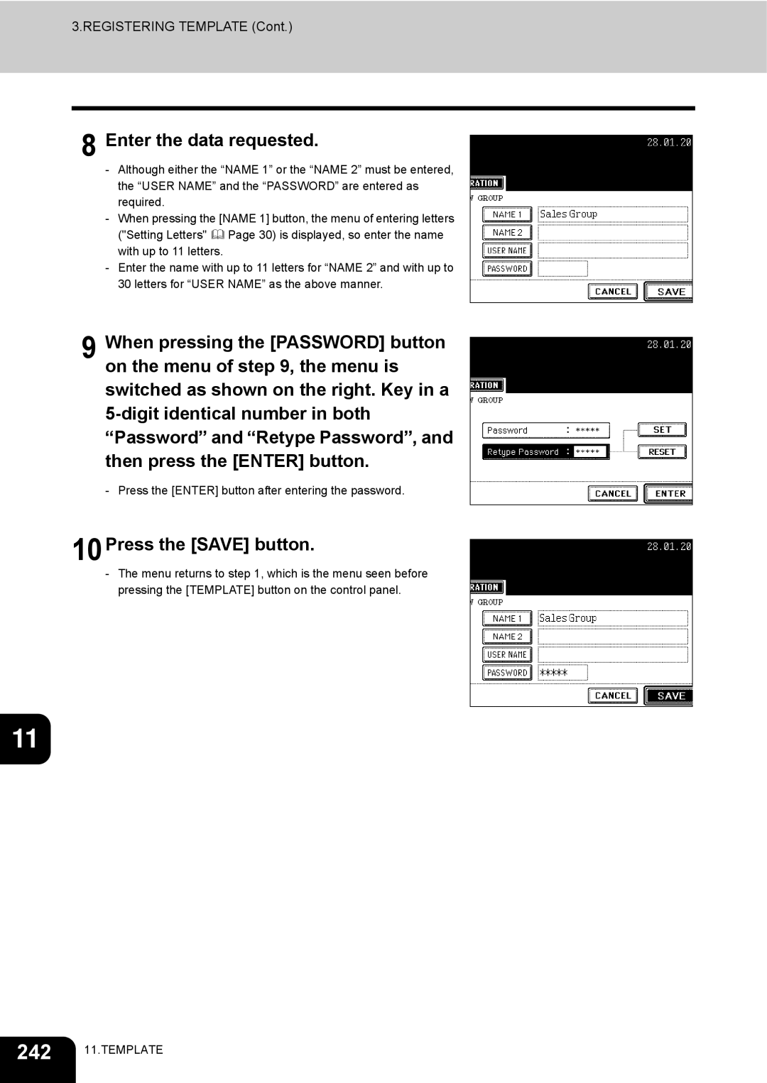 Toshiba e-STUDIO230/280 manual Enter the data requested, 10Press the Save button 