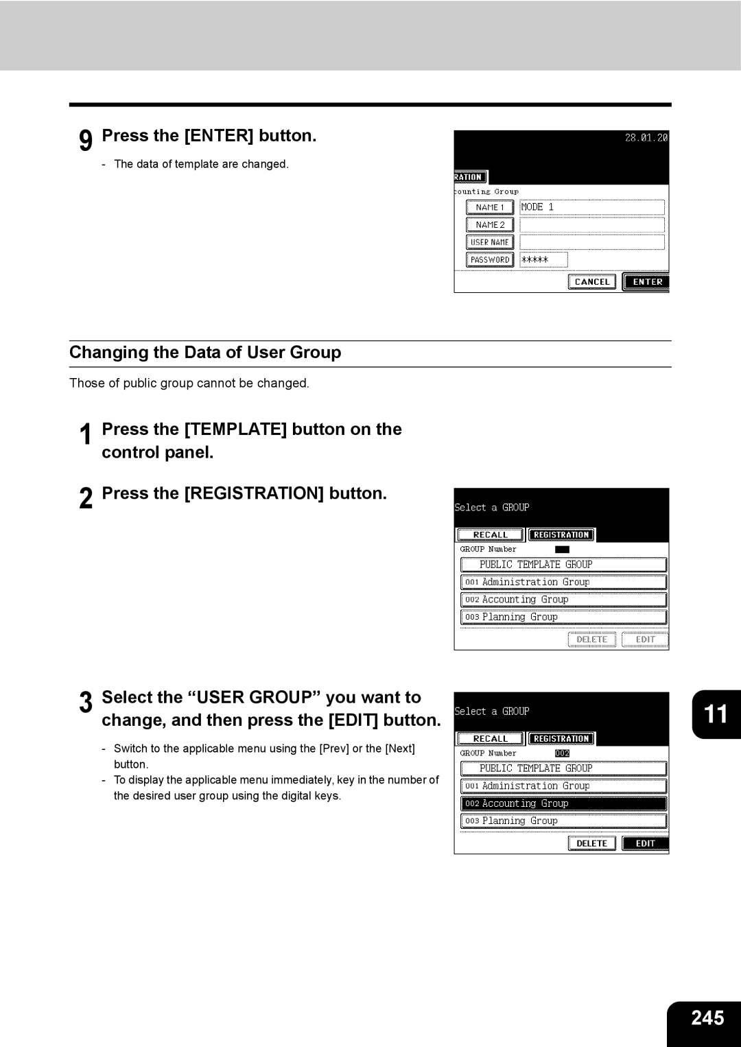 Toshiba e-STUDIO230/280 manual 245, Changing the Data of User Group 