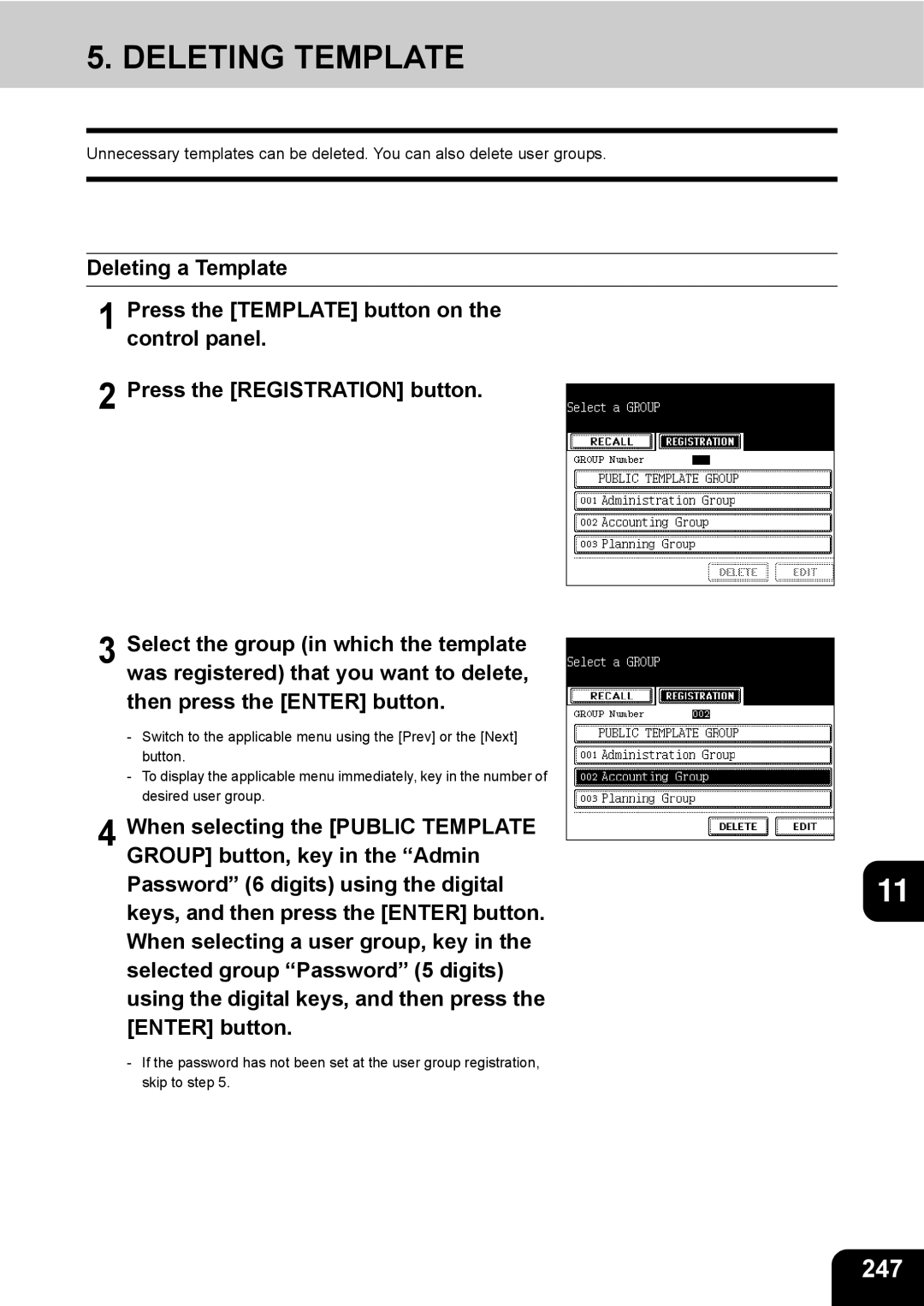 Toshiba e-STUDIO230/280 manual Deleting Template, 247 