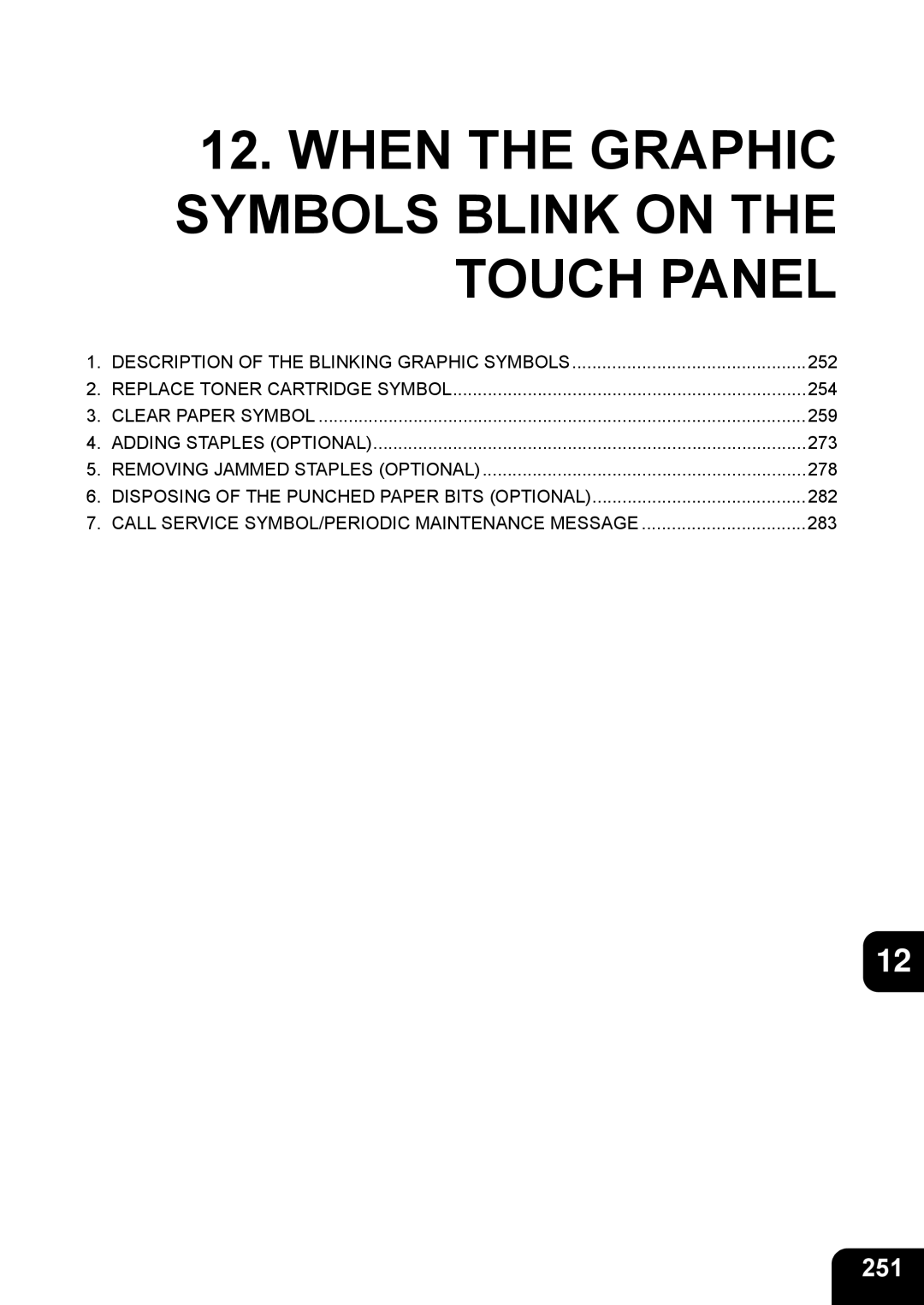 Toshiba e-STUDIO230/280 manual When the Graphic Symbols Blink on the Touch Panel, 251 