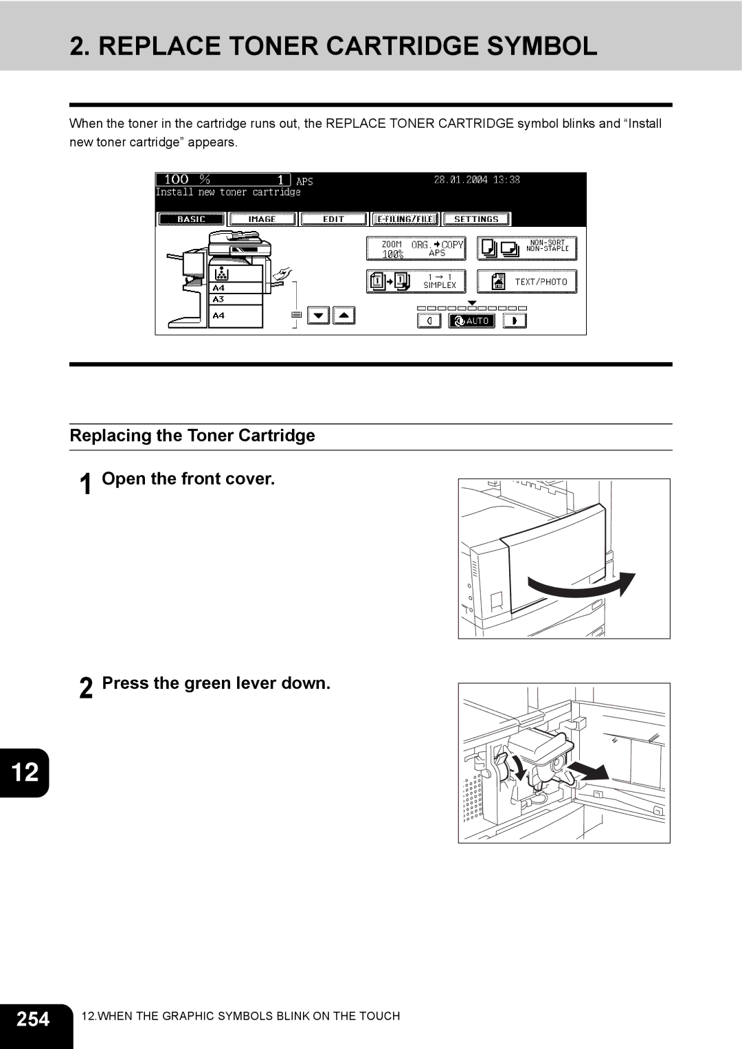 Toshiba e-STUDIO230/280 manual Replace Toner Cartridge Symbol, 254 