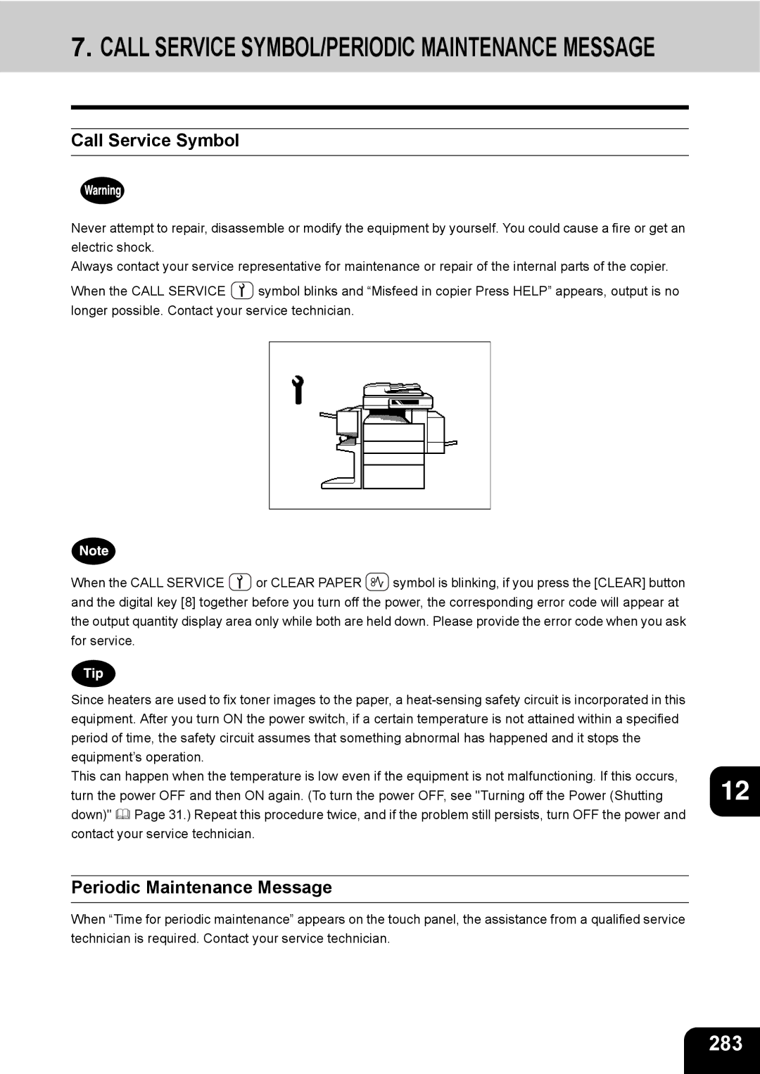 Toshiba e-STUDIO230/280 manual 283, Call Service Symbol, Periodic Maintenance Message 