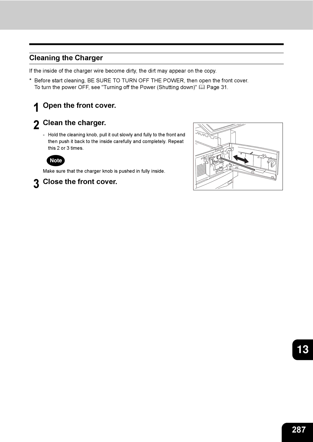 Toshiba e-STUDIO230/280 manual 287, Cleaning the Charger, Open the front cover Clean the charger 