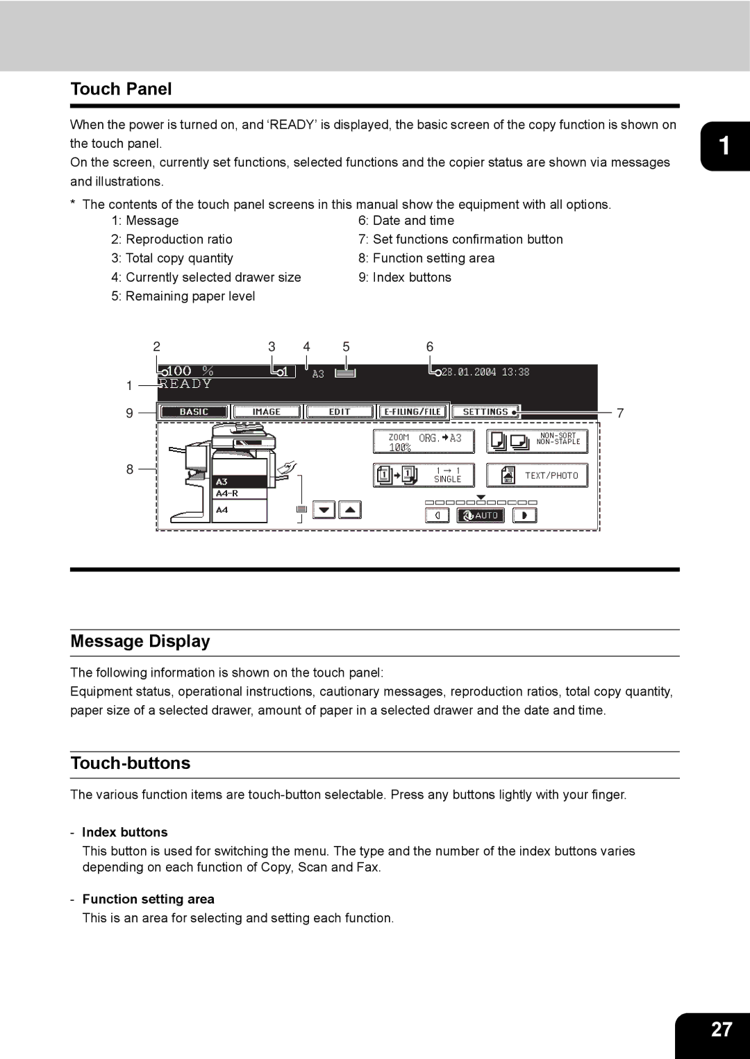 Toshiba e-STUDIO230/280 manual Touch Panel, Message Display, Touch-buttons, Index buttons, Function setting area 