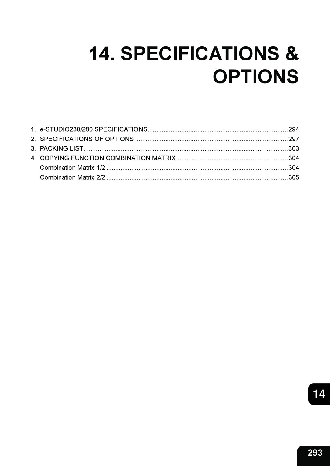 Toshiba e-STUDIO230/280 manual Specifications & Options, 293 