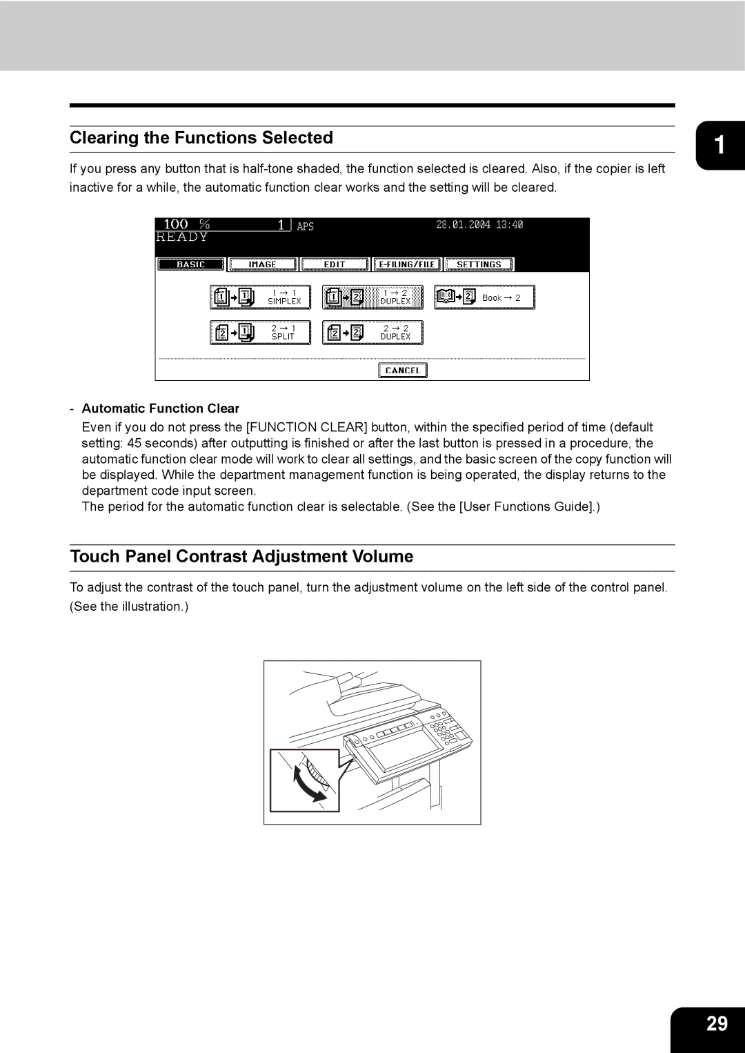 Toshiba e-STUDIO230/280 Clearing the Functions Selected, Touch Panel Contrast Adjustment Volume, Automatic Function Clear 