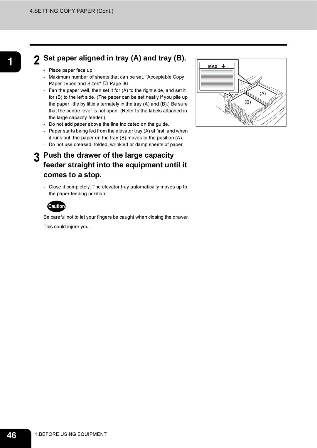 Toshiba e-STUDIO230/280 manual Set paper aligned in tray a and tray B 