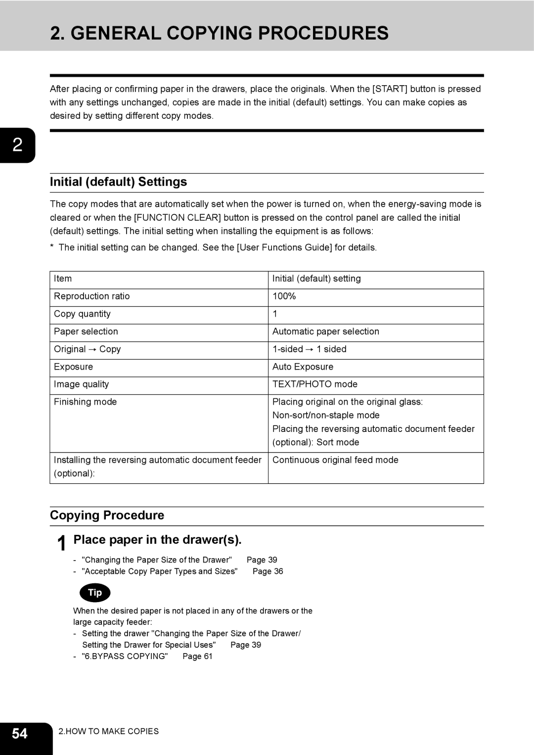 Toshiba e-STUDIO230/280 General Copying Procedures, Initial default Settings, Copying Procedure Place paper in the drawers 