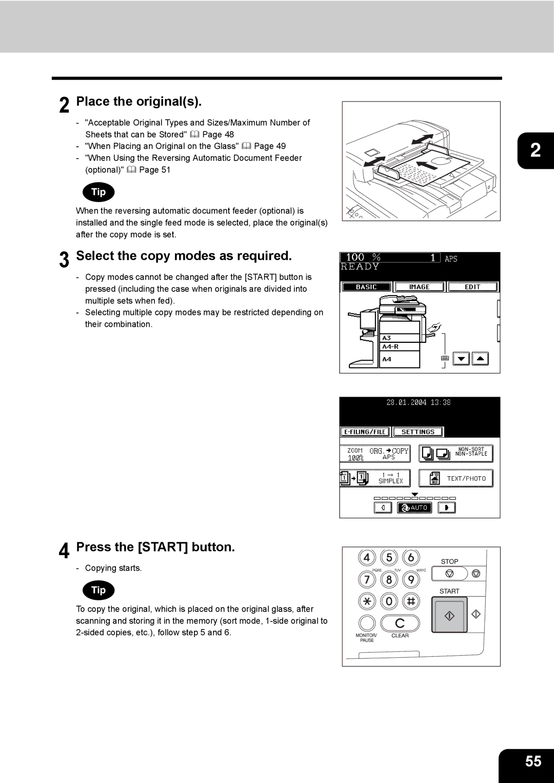 Toshiba e-STUDIO230/280 manual Place the originals, Select the copy modes as required, Press the Start button 