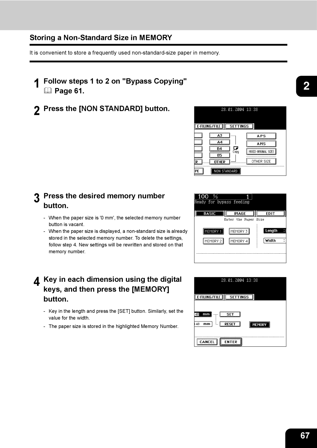 Toshiba e-STUDIO230/280 manual Storing a Non-Standard Size in Memory 