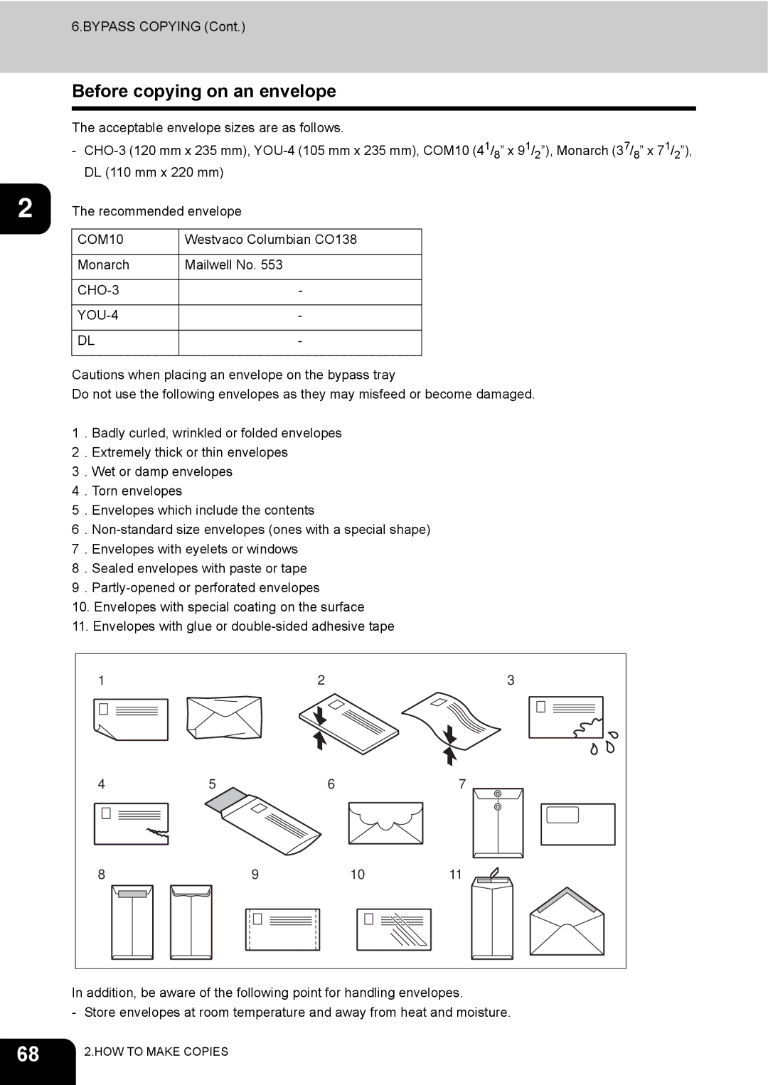 Toshiba e-STUDIO230/280 manual Before copying on an envelope, COM10, CHO-3 YOU-4 