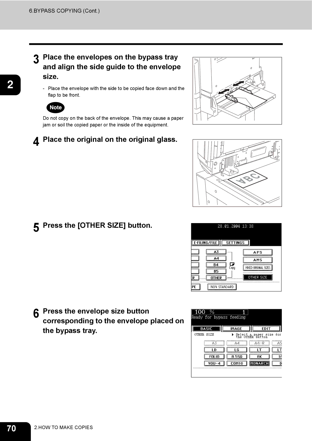 Toshiba e-STUDIO230/280 manual Place the envelopes on the bypass tray, Align the side guide to the envelope, Size 