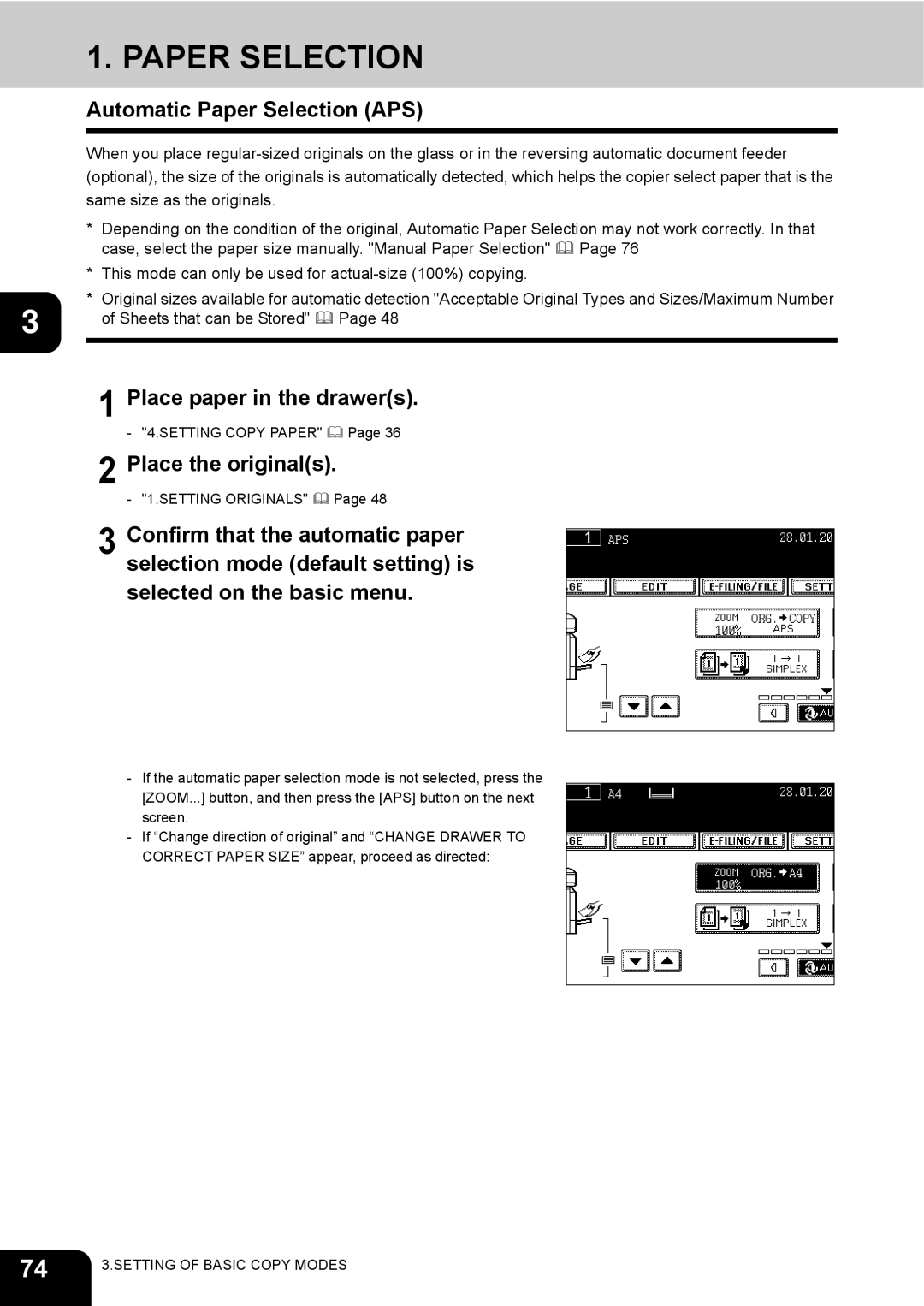 Toshiba e-STUDIO230/280 manual Automatic Paper Selection APS 