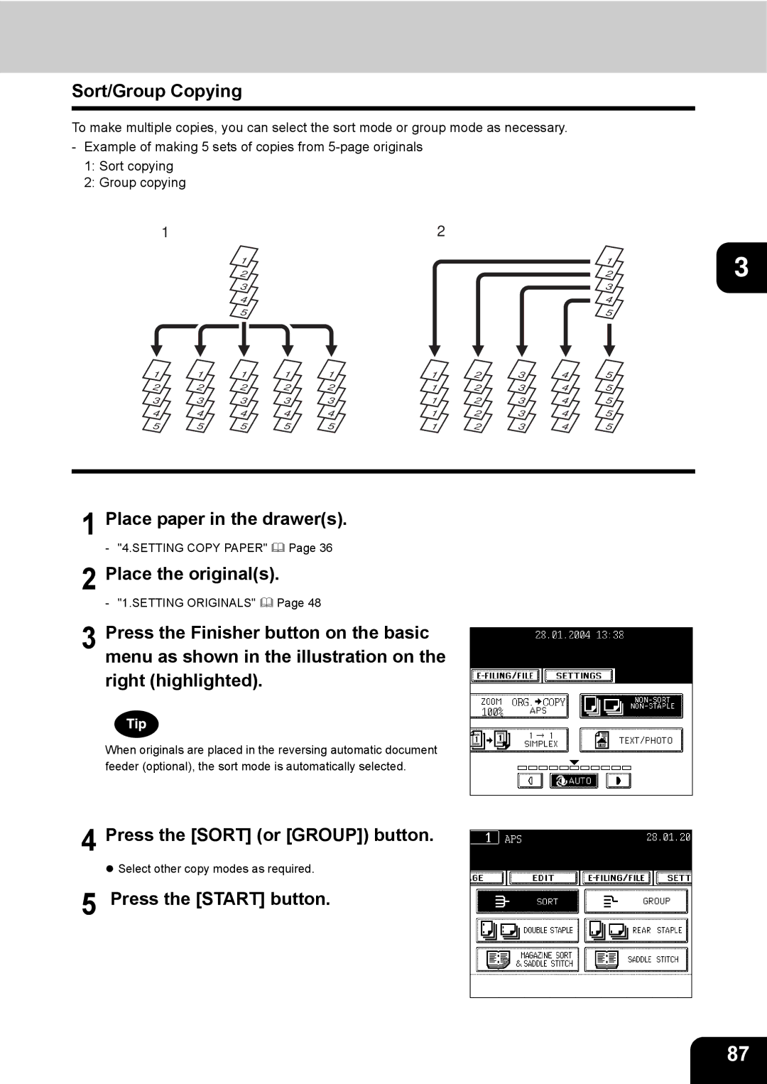 Toshiba e-STUDIO230/280 manual Sort/Group Copying, Place, Press the Sort or Group button 