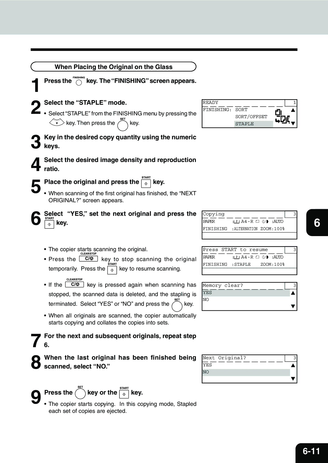 Toshiba e-STUDIO25, e-STUDIO16, e-STUDIO20 manual Select Staple from the Finishing menu by pressing 