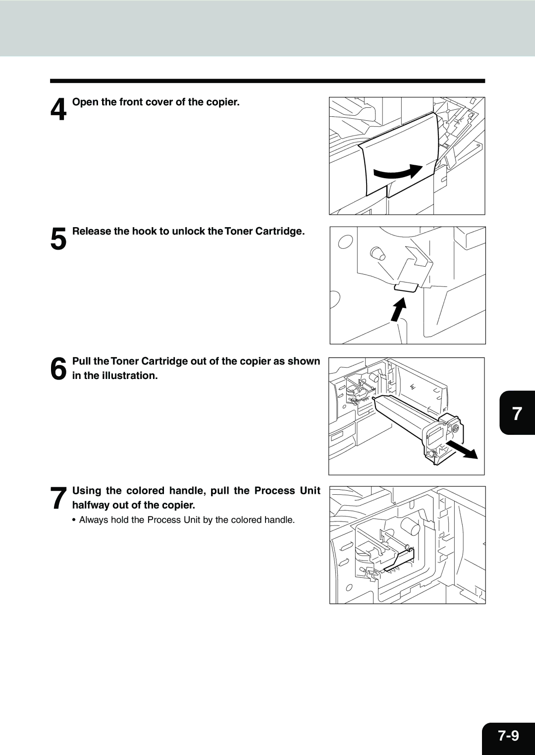 Toshiba e-STUDIO16, e-STUDIO25, e-STUDIO20 manual Always hold the Process Unit by the colored handle 