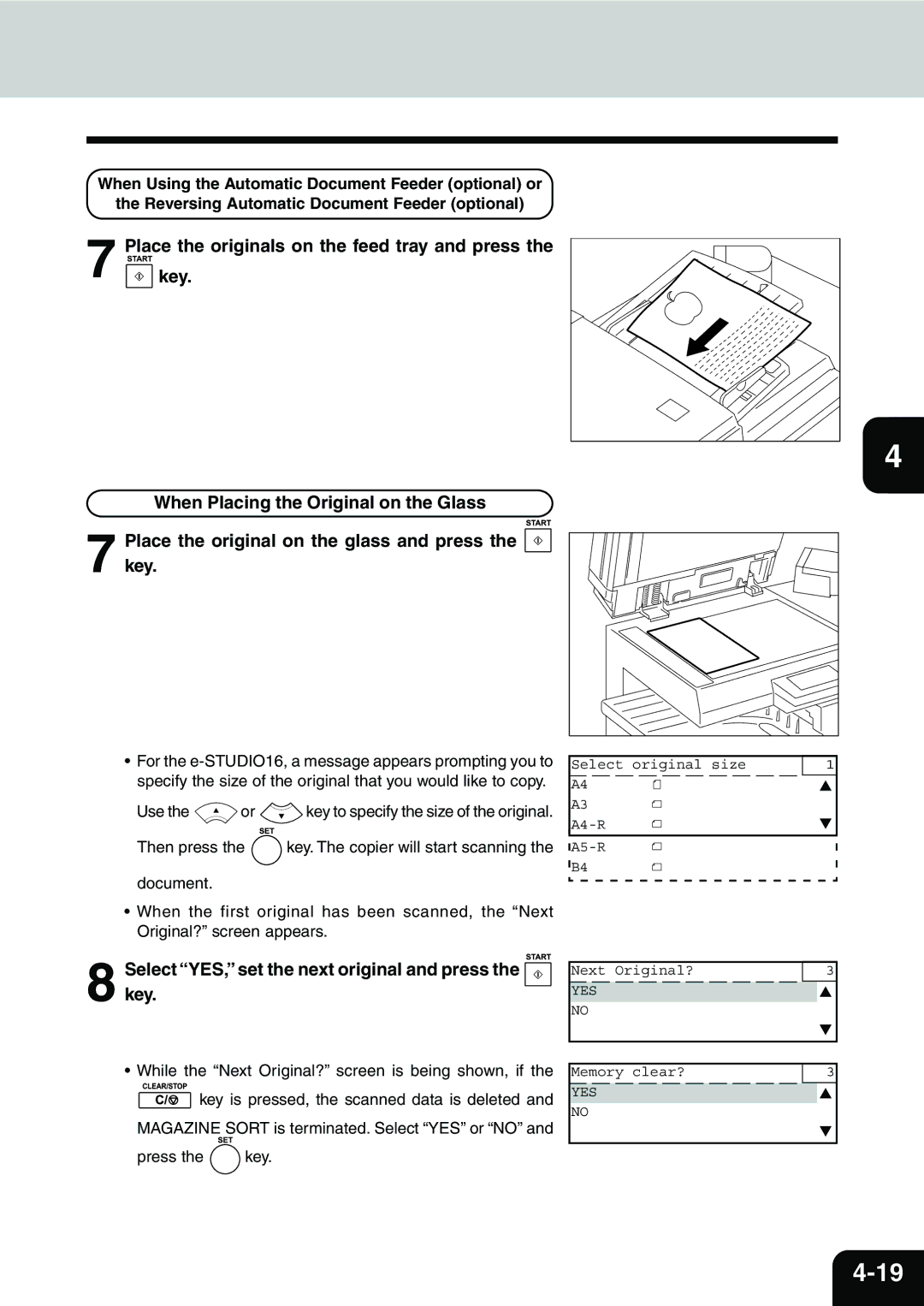 Toshiba e-STUDIO16, e-STUDIO25, e-STUDIO20 manual Select YES, set the next original and press the key 