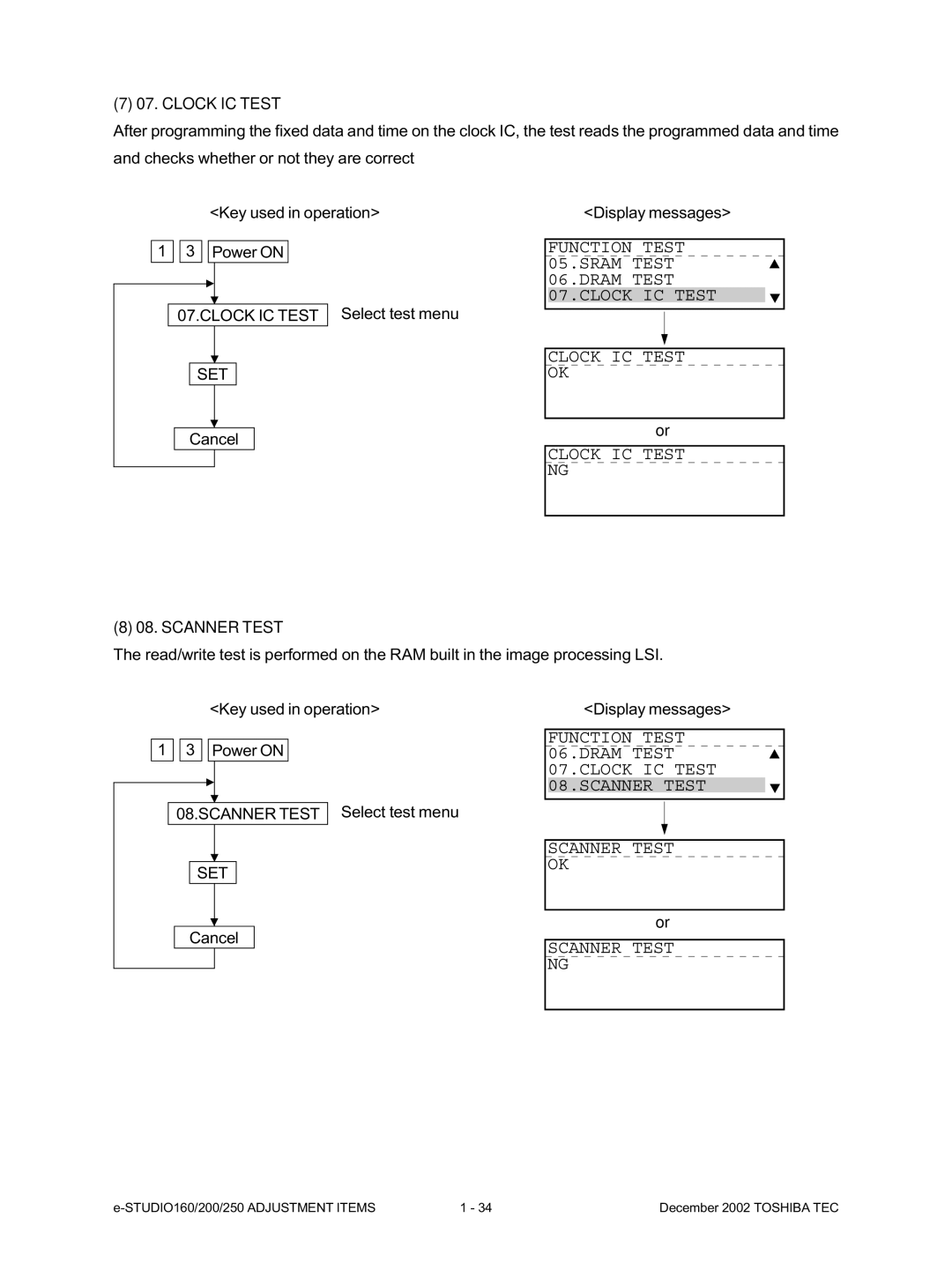 Toshiba e-Studio250, e-Studio200, e-Studio160 manual Function Test 06.DRAM Test 07.CLOCK IC Test 08.SCANNER Test 