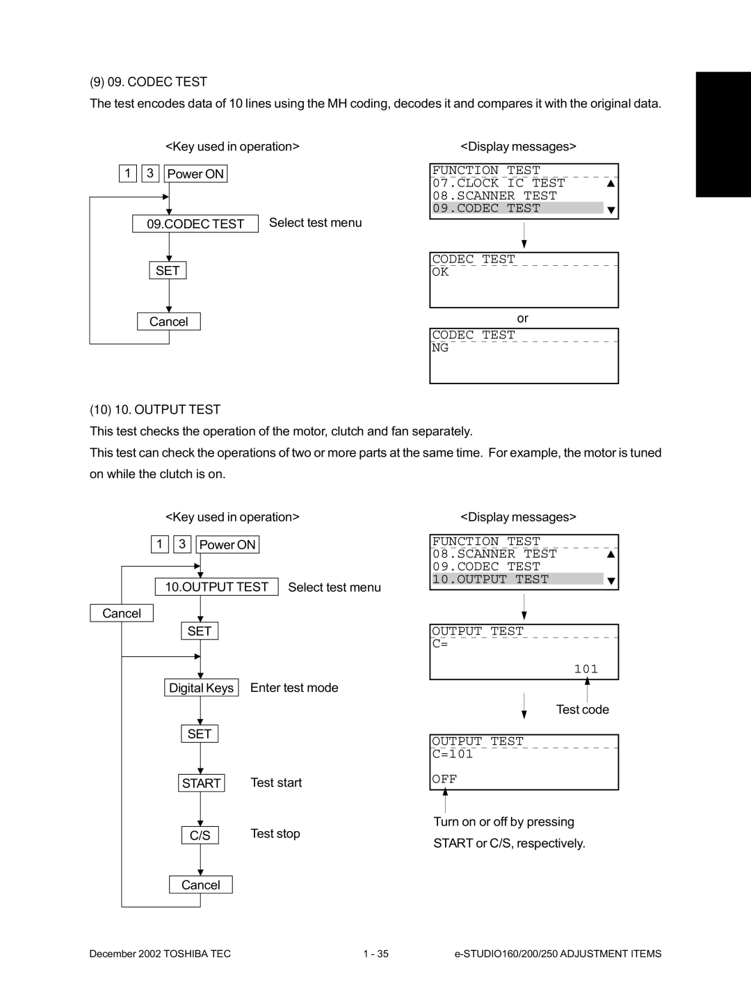 Toshiba e-Studio200, e-Studio250 manual Select test menu, Digital Keys Enter test mode Test code, Test start Test stop 