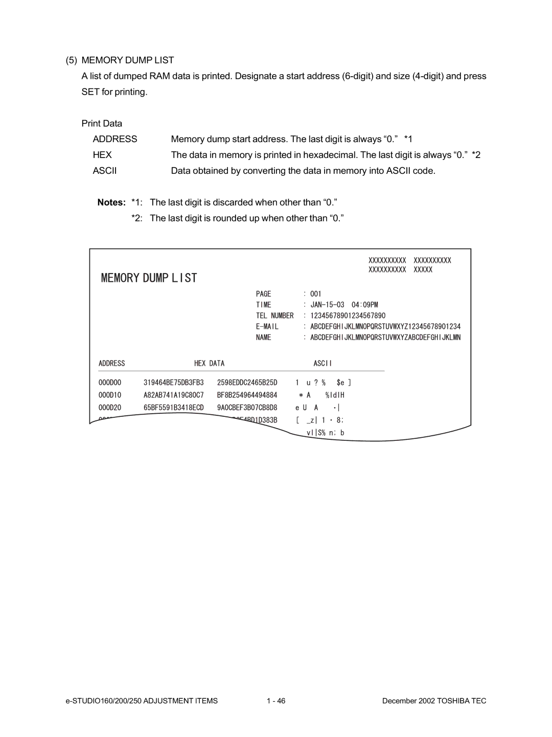 Toshiba e-Studio250 manual Memory Dump List, Address, Memory dump start address. The last digit is always 0. *1, HEX Ascii 