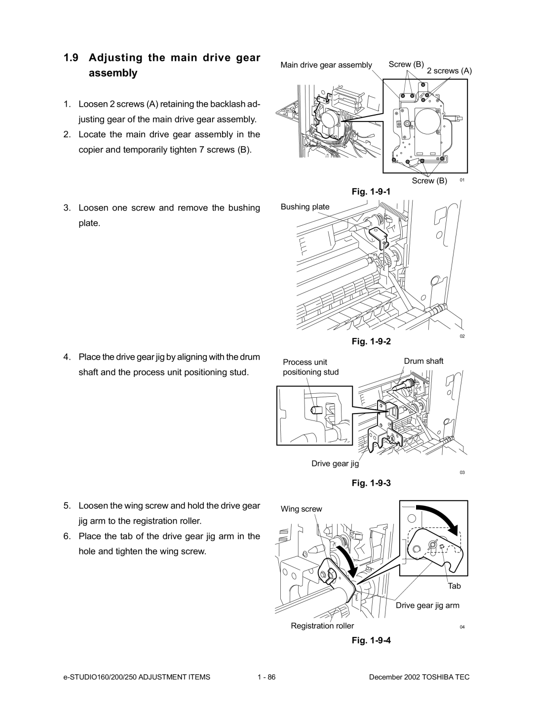 Toshiba e-Studio200, e-Studio250, e-Studio160 manual Adjusting the main drive gear assembly 