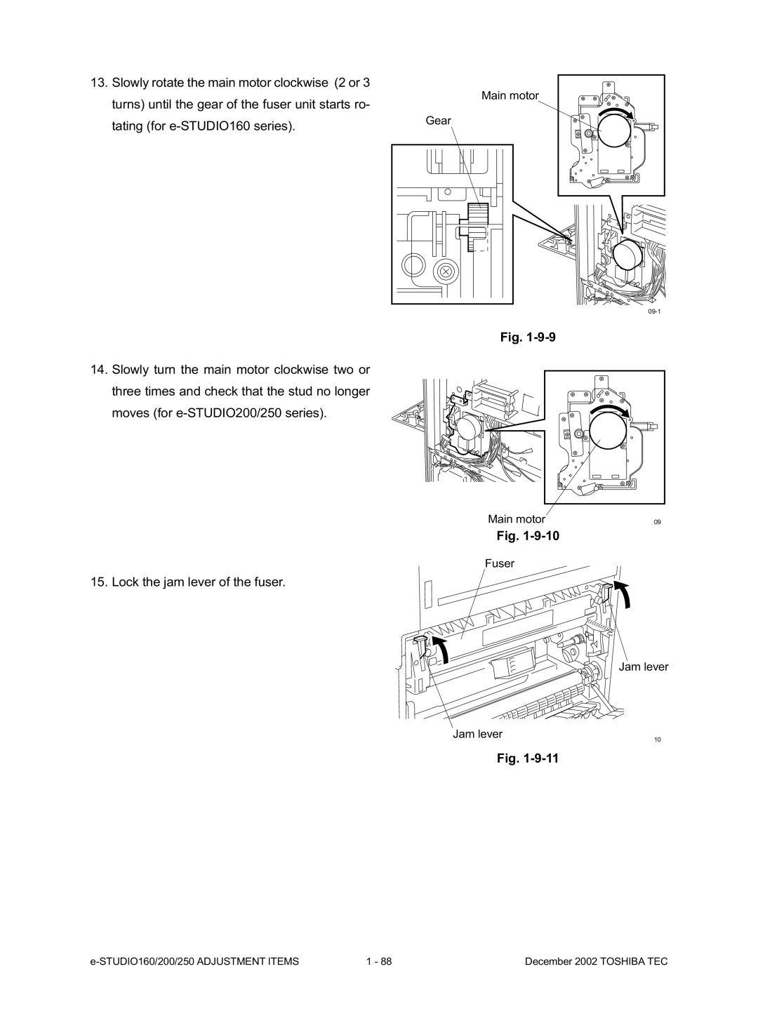 Toshiba e-Studio250, e-Studio200, e-Studio160 manual Main motor Gear Fuser Jam lever 