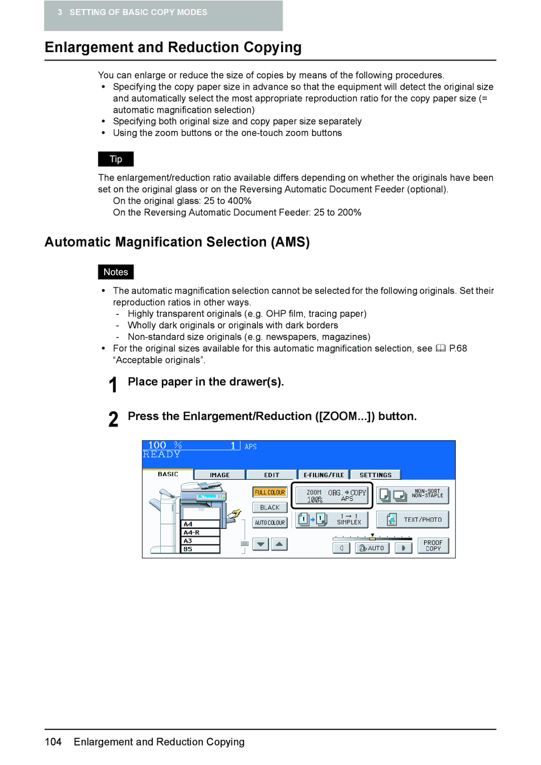 Toshiba e-STUDIO2500c/3500c/3510c manual Enlargement and Reduction Copying, Automatic Magnification Selection AMS 