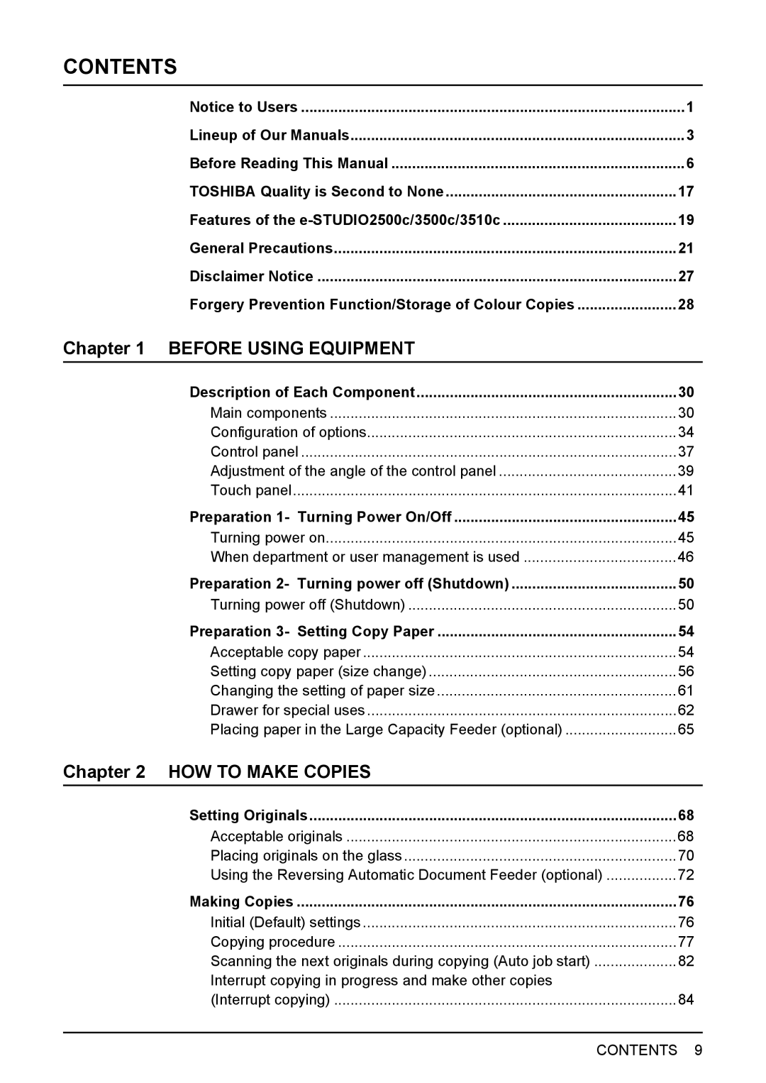 Toshiba e-STUDIO2500c/3500c/3510c manual Contents 