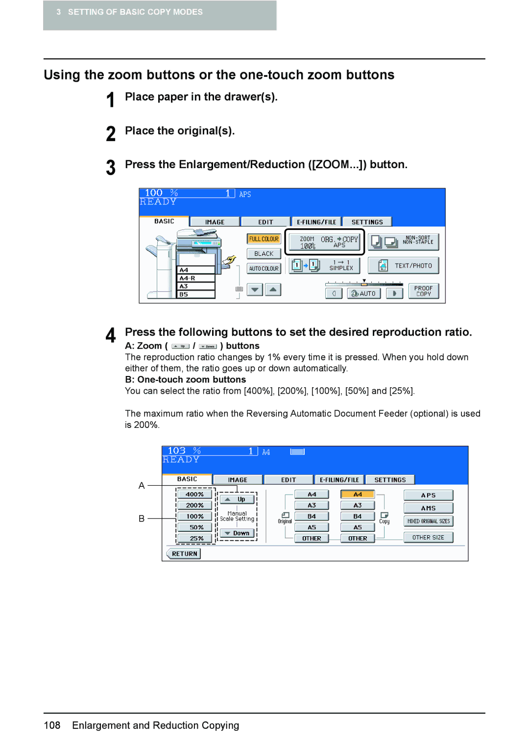 Toshiba e-STUDIO2500c/3500c/3510c manual Using the zoom buttons or the one-touch zoom buttons, Zoom / buttons 