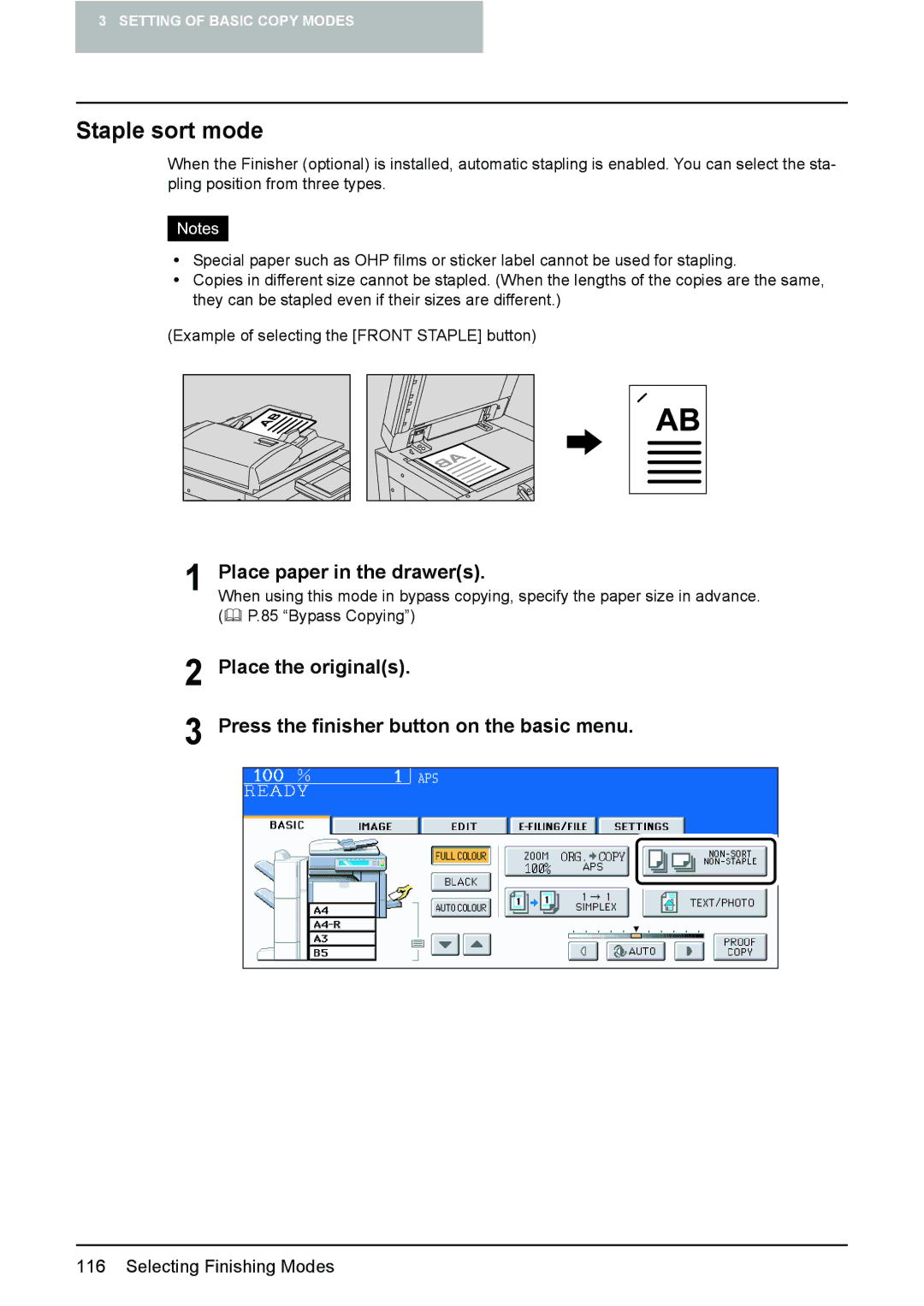 Toshiba e-STUDIO2500c/3500c/3510c manual Staple sort mode, Place paper in the drawers 