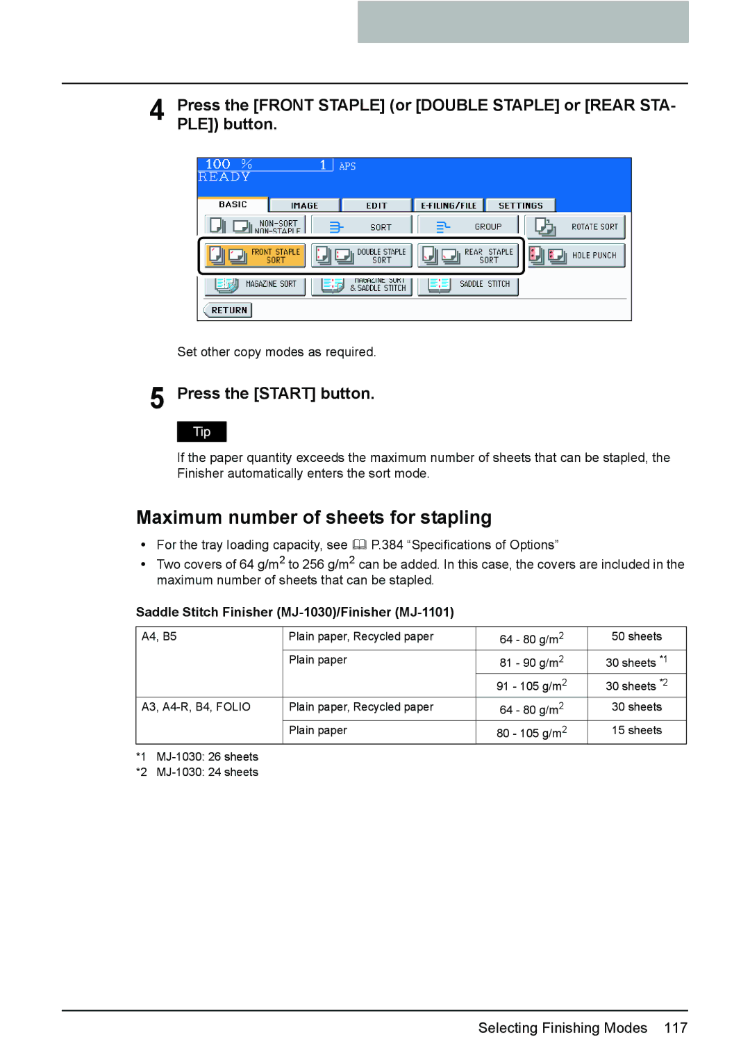 Toshiba e-STUDIO2500c/3500c/3510c Maximum number of sheets for stapling, Saddle Stitch Finisher MJ-1030/Finisher MJ-1101 