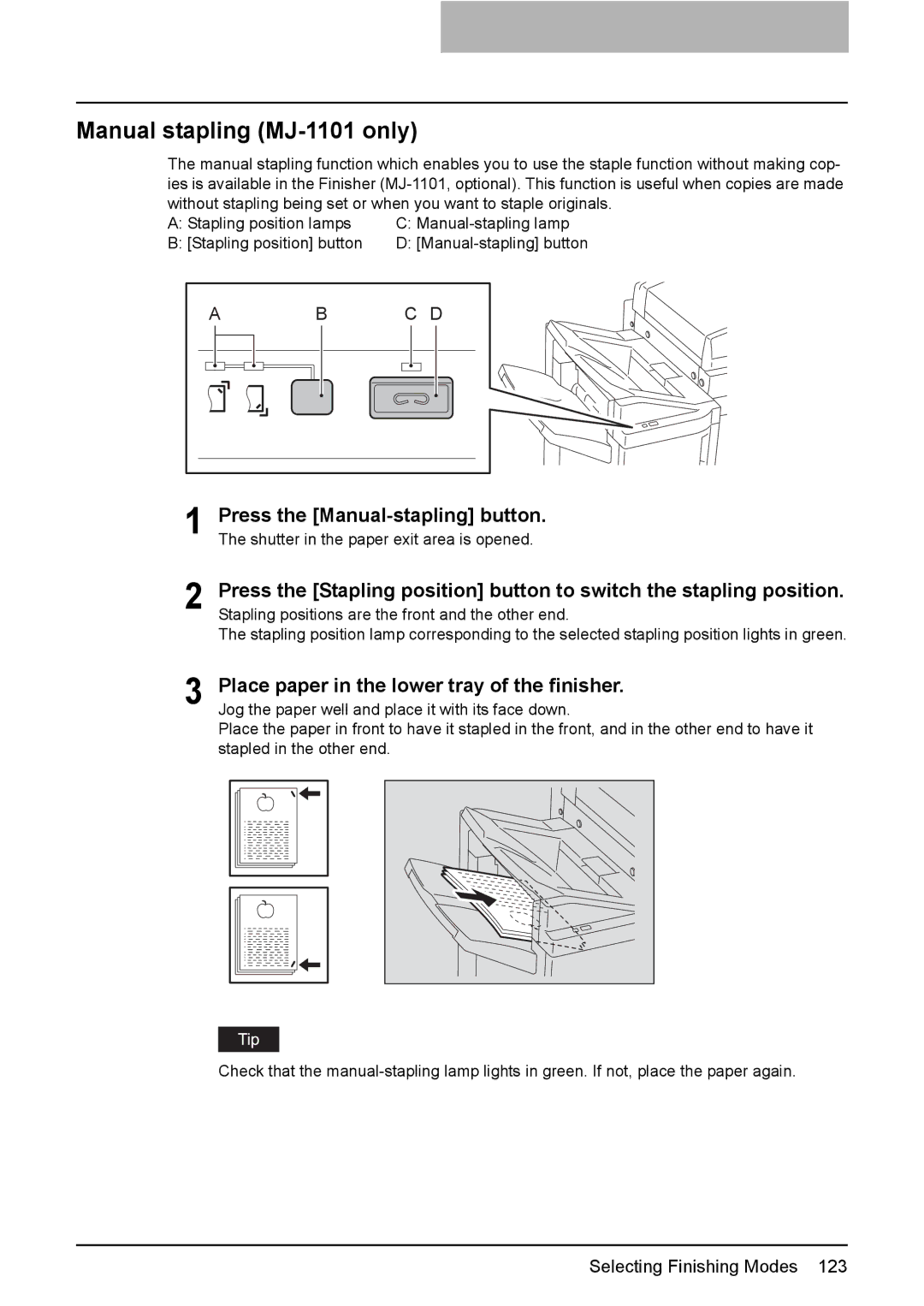 Toshiba e-STUDIO2500c/3500c/3510c manual Manual stapling MJ-1101 only, Press the Manual-stapling button 