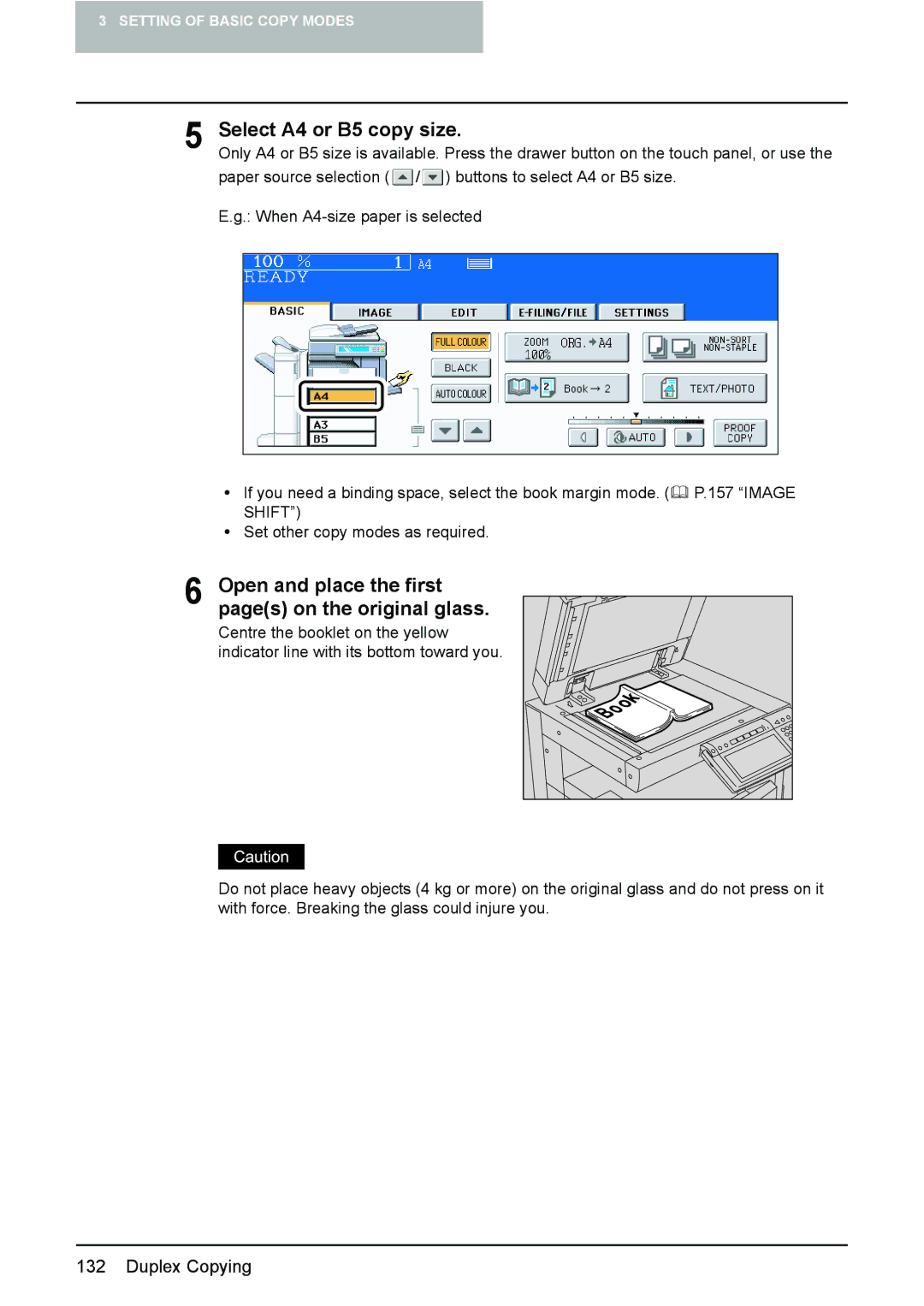 Toshiba e-STUDIO2500c/3500c/3510c manual Select A4 or B5 copy size, Open and place the first pages on the original glass 