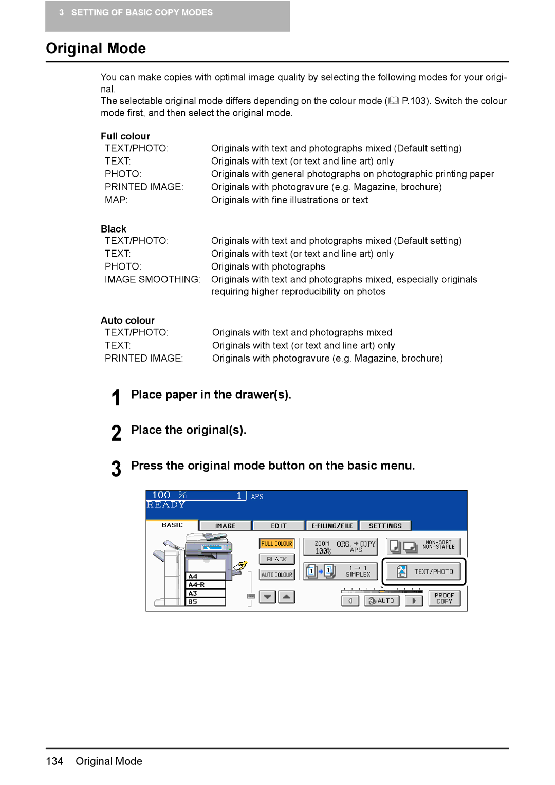 Toshiba e-STUDIO2500c/3500c/3510c manual Original Mode, Full colour, Black, Auto colour 