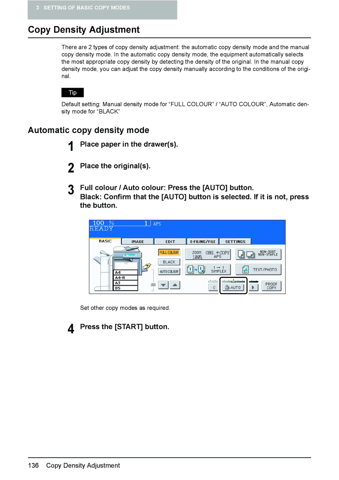 Toshiba e-STUDIO2500c/3500c/3510c manual Copy Density Adjustment, Automatic copy density mode 