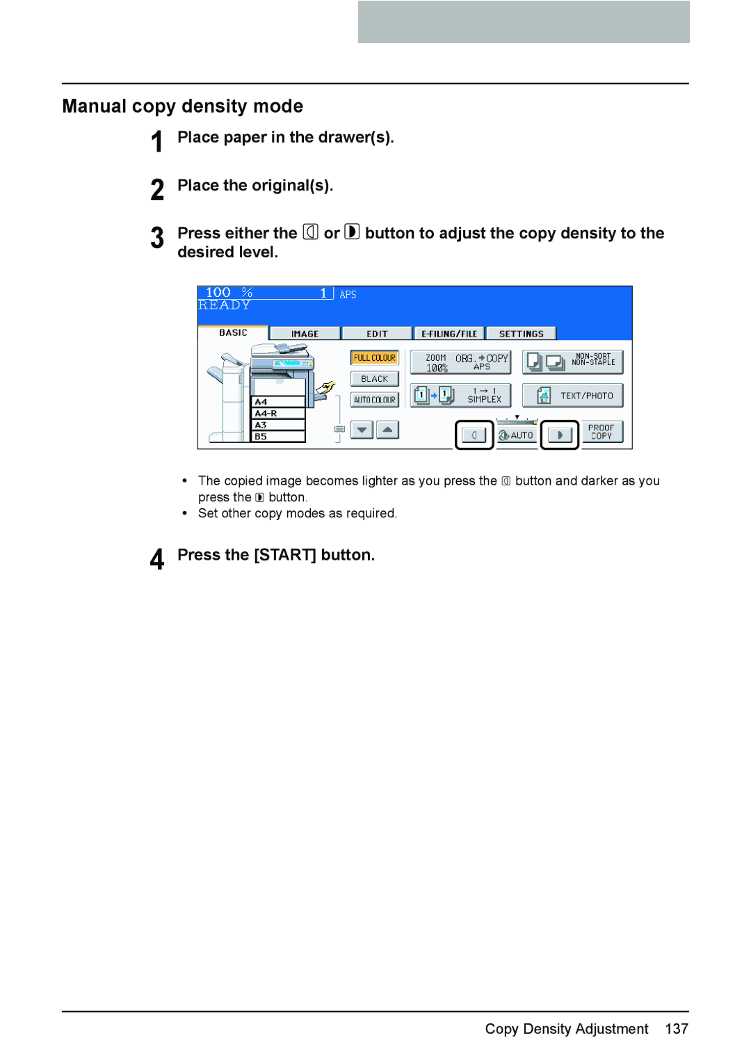 Toshiba e-STUDIO2500c/3500c/3510c manual Manual copy density mode, Place paper in the drawers 