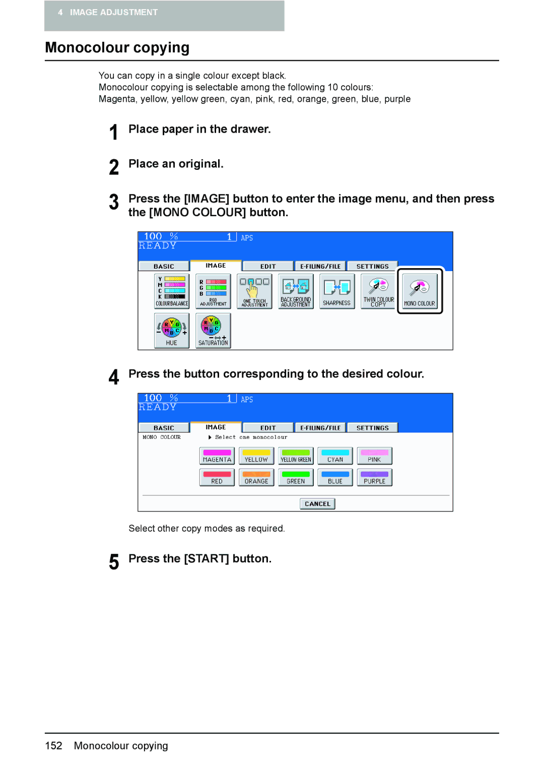 Toshiba e-STUDIO2500c/3500c/3510c manual Monocolour copying, Press the Start button 