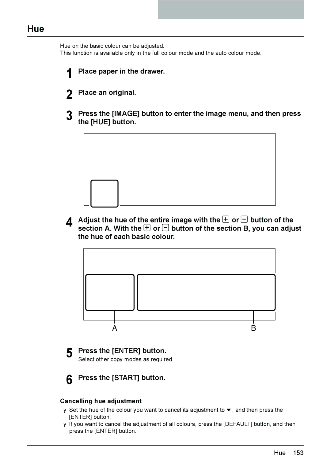 Toshiba e-STUDIO2500c/3500c/3510c manual Hue, Cancelling hue adjustment 