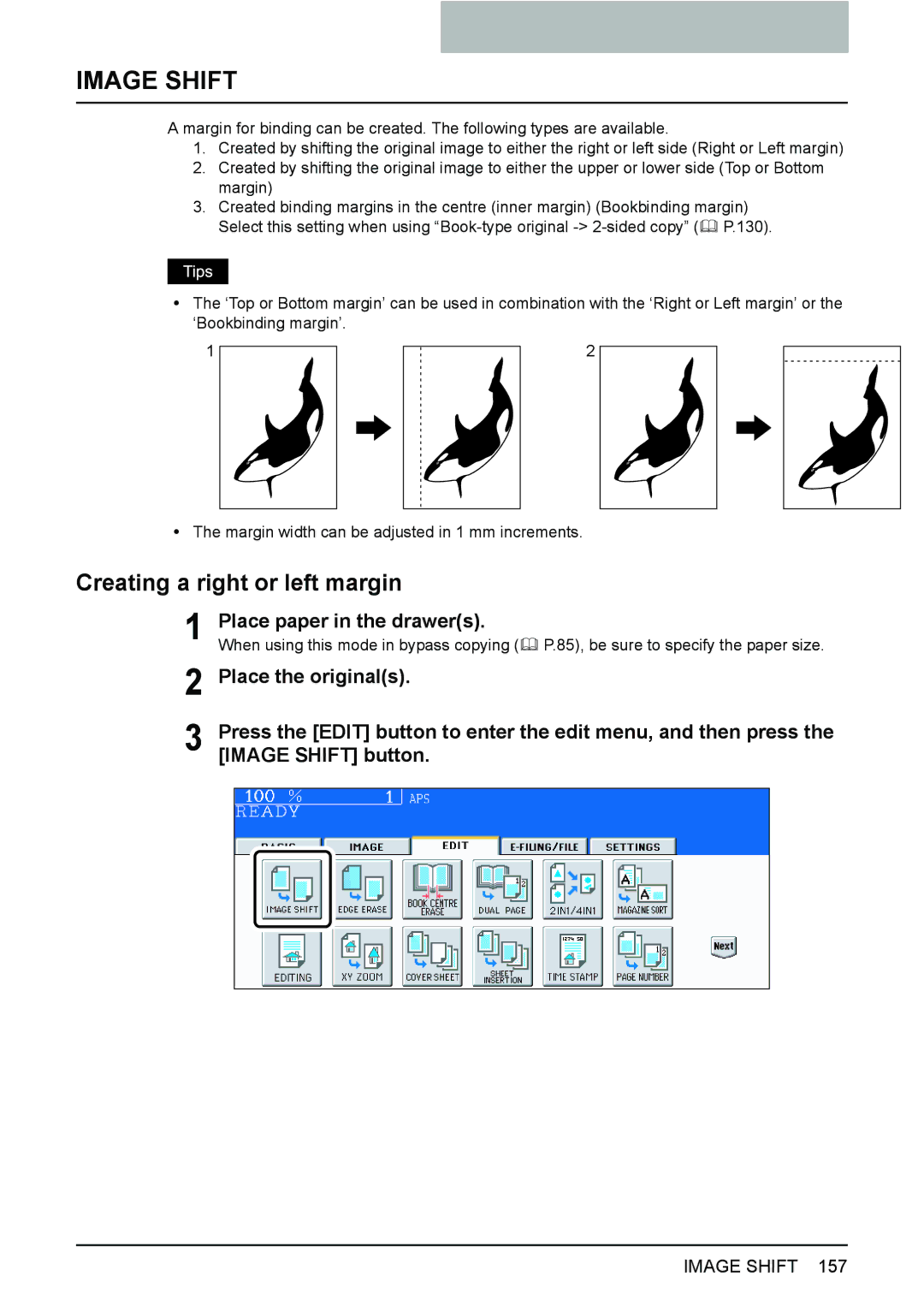 Toshiba e-STUDIO2500c/3500c/3510c manual Creating a right or left margin, Image Shift button 