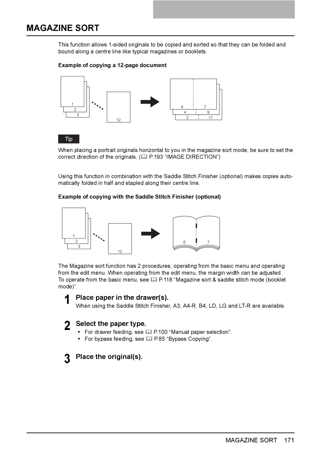 Toshiba e-STUDIO2500c/3500c/3510c manual Magazine Sort, Select the paper type, Example of copying a 12-page document 