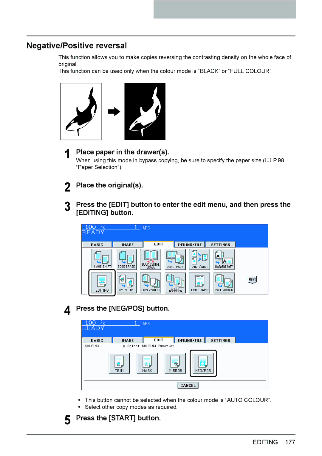 Toshiba e-STUDIO2500c/3500c/3510c manual Negative/Positive reversal, Press the NEG/POS button 