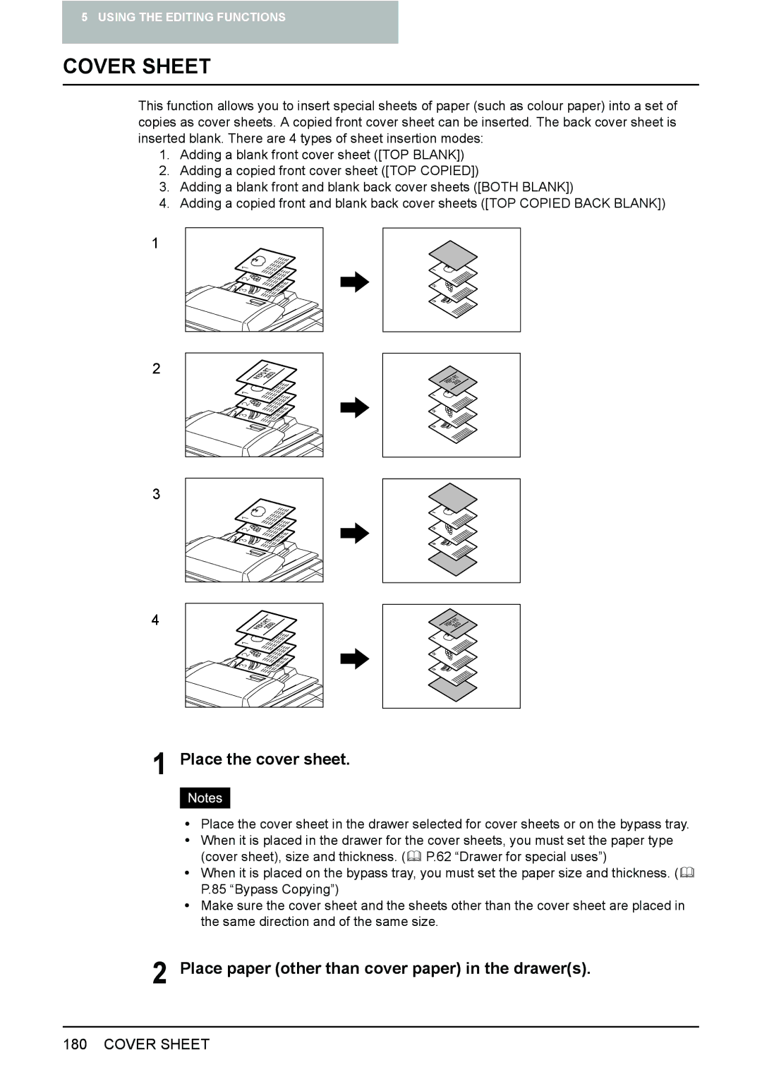 Toshiba e-STUDIO2500c/3500c/3510c Cover Sheet, Place the cover sheet, Place paper other than cover paper in the drawers 