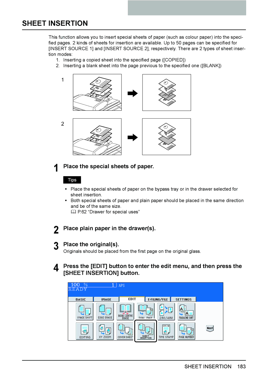 Toshiba e-STUDIO2500c/3500c/3510c manual Sheet Insertion, Place the special sheets of paper 