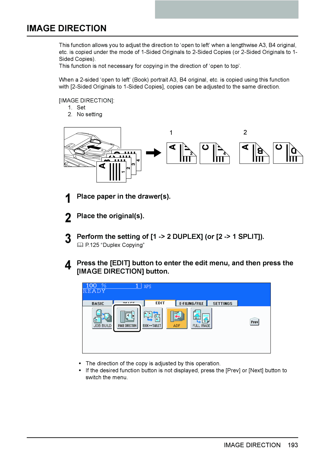 Toshiba e-STUDIO2500c/3500c/3510c manual Image Direction, Place paper in the drawers Place the originals 