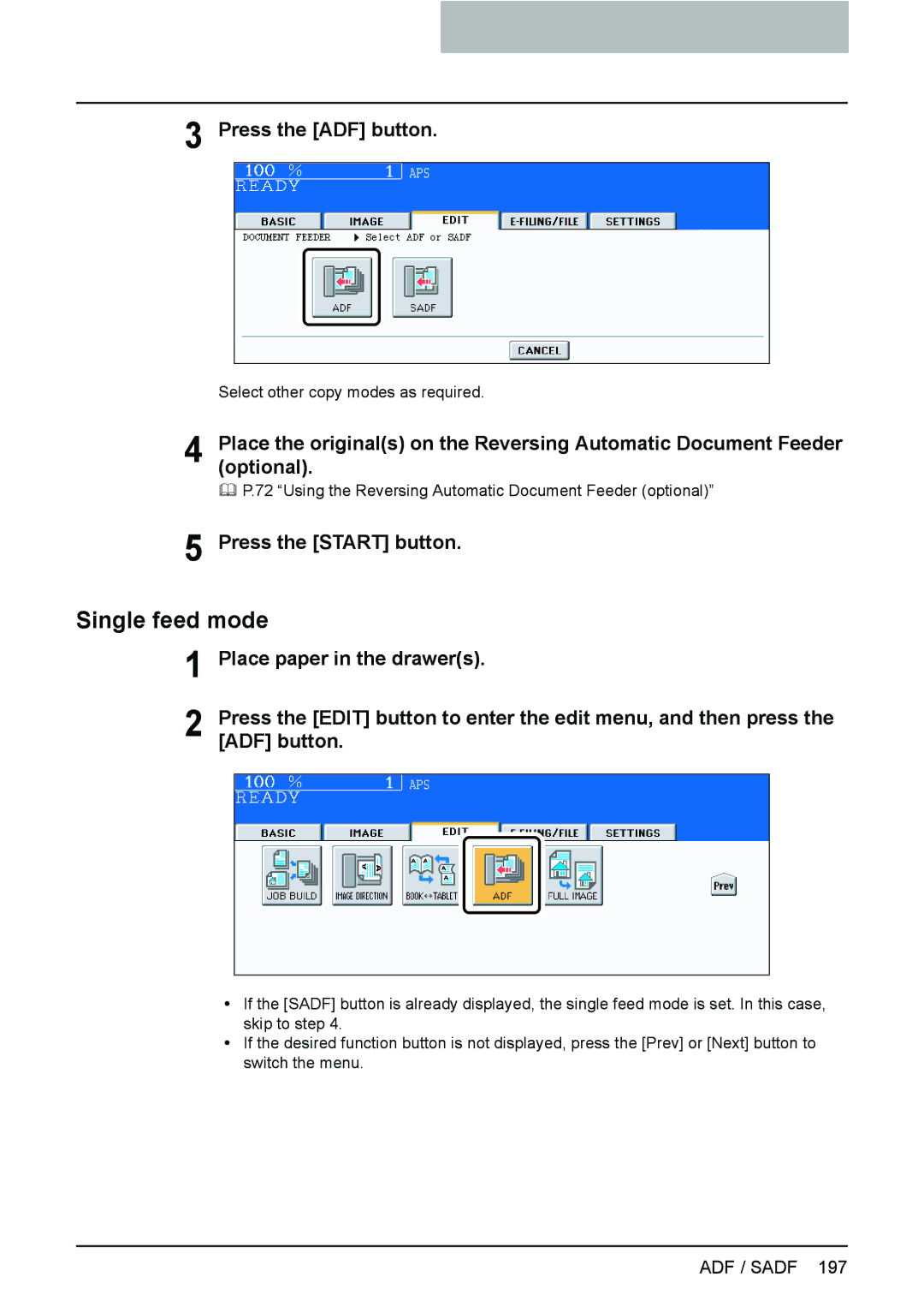 Toshiba e-STUDIO2500c/3500c/3510c manual Single feed mode, Press the ADF button 