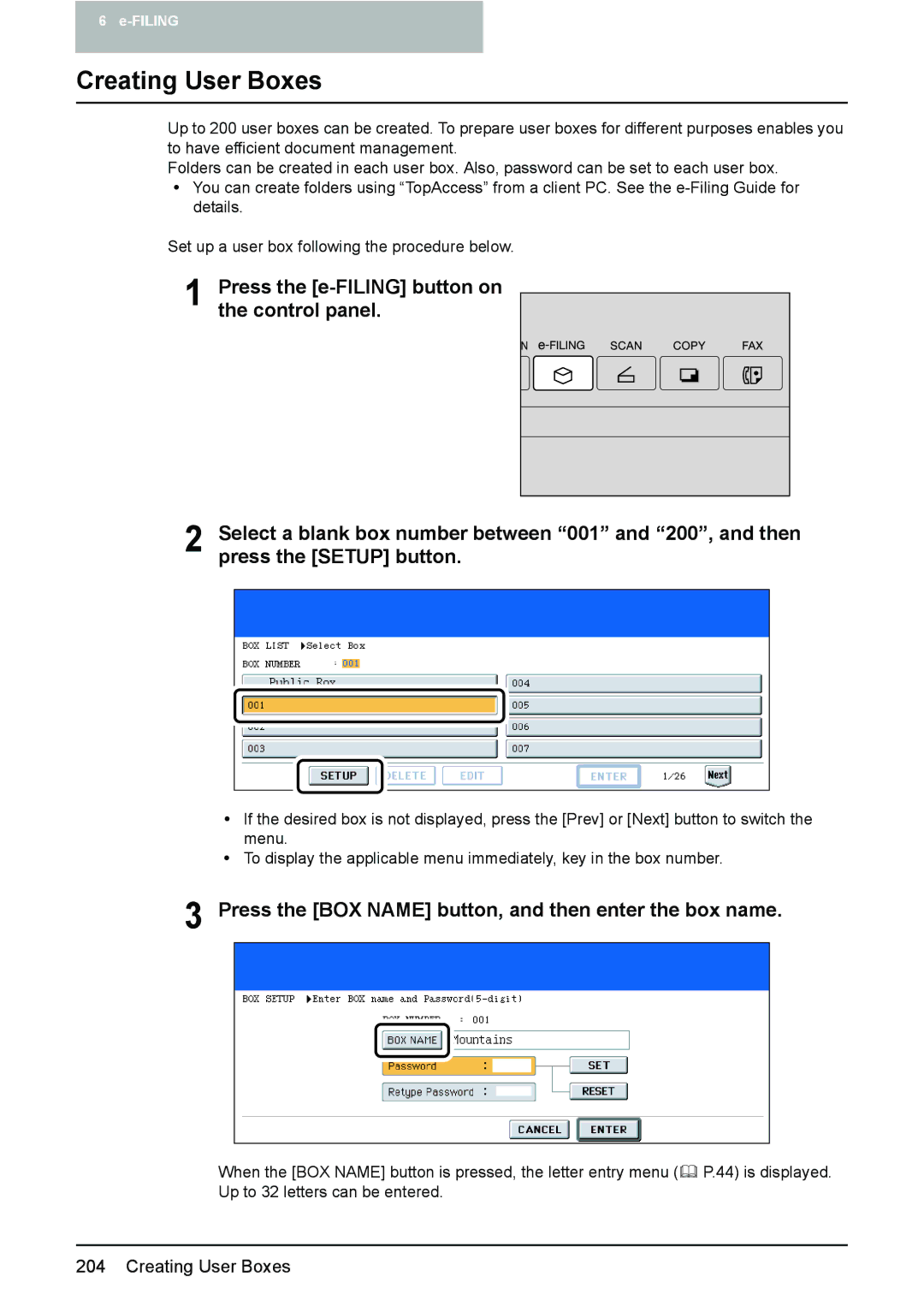 Toshiba e-STUDIO2500c/3500c/3510c manual Creating User Boxes, Press the BOX Name button, and then enter the box name 